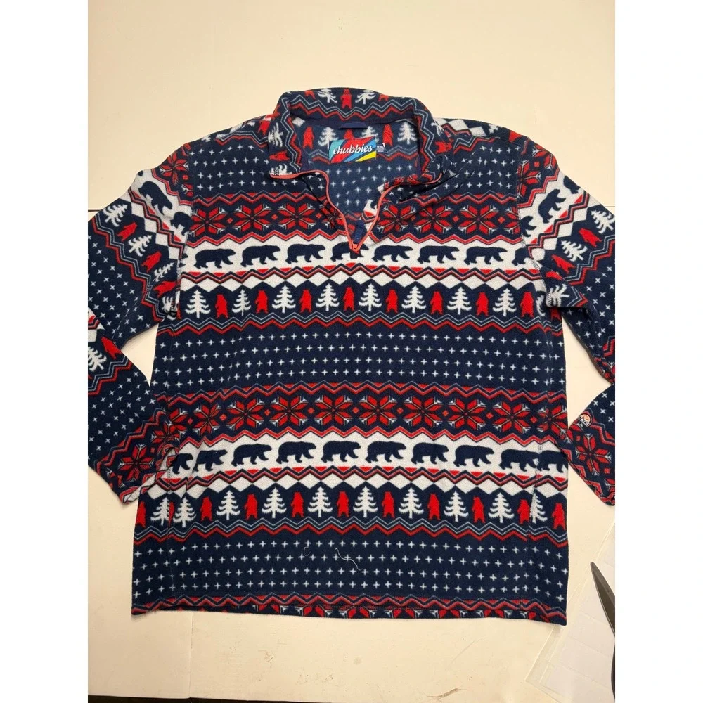 Chubbies Mens XXL Fleece Quarter Zip Pullover Bear Fair Isle Navy Red White
